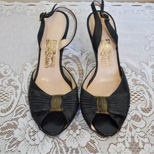 Salvatore Ferragamo Black Open-Toe Slingback Heels with Gold Accent